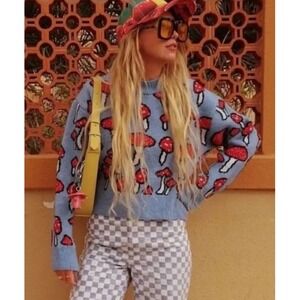 ZARA Chunky Mushroom Print Novelty Sweater Blue Bloggers Fav Sz M